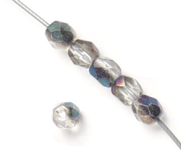 Czech Fire-Polished Round 4mm - Transparent Crystal/Grey Strands