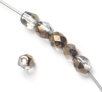 Czech Fire-Polished Round 4mm - Transparent Crystal/Grey Strands