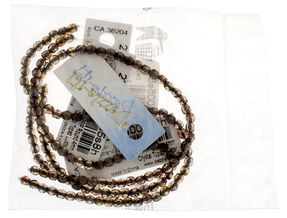 Czech Fire-Polished Round 4mm - Transparent Yellow/Brown Strands