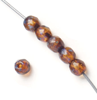 Czech Fire-Polished Round 4mm - Transparent Yellow/Brown Strands