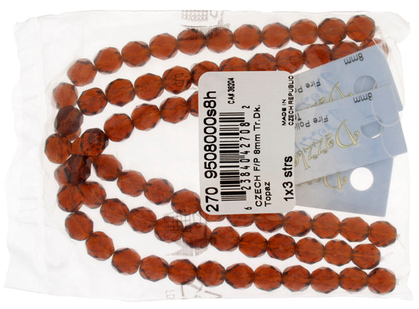 Czech Fire-Polished Round Bead 8mm Strands - Brown Shades