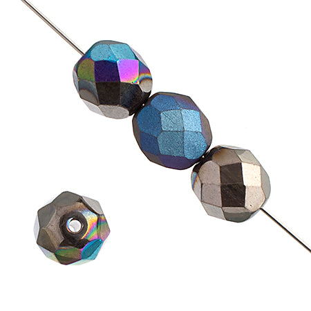 Czech Fire-Polished Round Bead 8mm Strands - Black/Metallic Shades