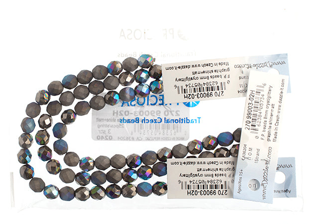 Czech Fire-Polished Round Bead 8mm Strands - Black/Metallic Shades