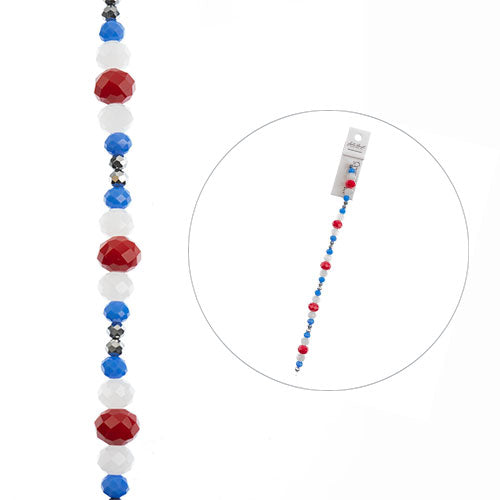 Crystal Lane DIY Designer 7in Bead Strand Glass Faceted Rondelle Red White Blue Mix
