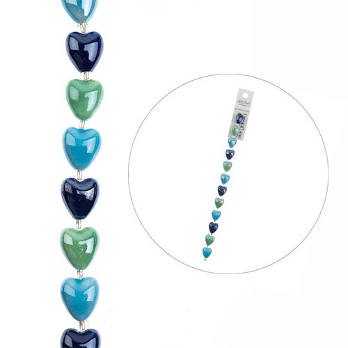Crystal Lane DIY Designer 7in Bead Strand Ceramic Hearts Blue Mix 12x9mm