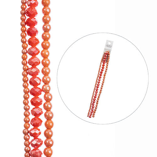 Crystal Lane DIY Designer 7in Three Bead Strands Glass Faceted Rondelle and Round Orange Assorted