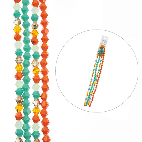 Crystal Lane DIY Designer 7in Four Bead Strands Glass Bicone Teal and Orange Mix