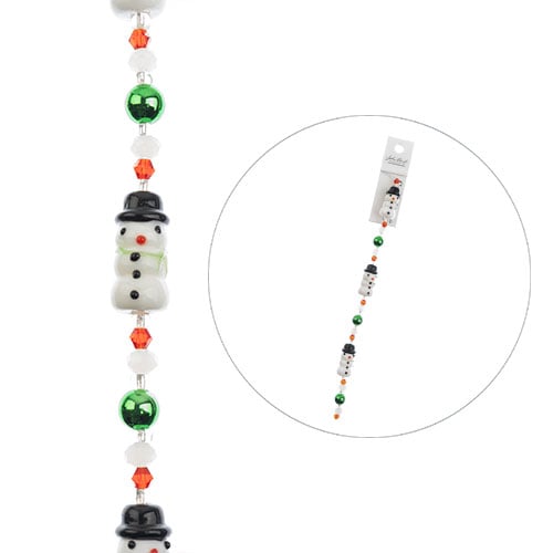Crystal Lane DIY Designer Holiday 7in Bead Strand Glass Black Hat Lampwork Snowman with Green