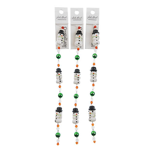 Crystal Lane DIY Designer Holiday 7in Bead Strand Glass Black Hat Lampwork Snowman with Green