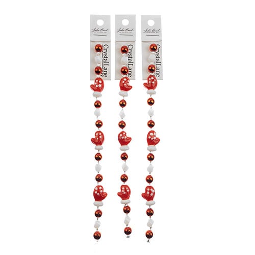 Crystal Lane DIY Designer Holiday 7in Bead Strand Glass Lampwork Red Mittens with Red and White