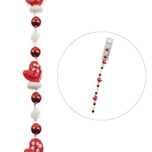 Crystal Lane DIY Designer Holiday 7in Bead Strand Glass Lampwork Red Mittens with Red and White