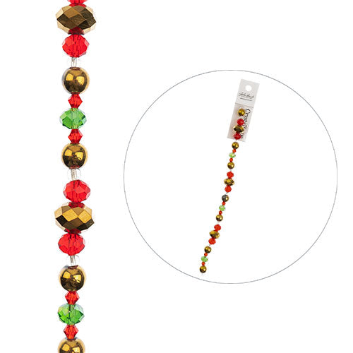 Crystal Lane DIY Designer Holiday 7in Bead Strand Glass Large Gold Rondelle with Green and Red