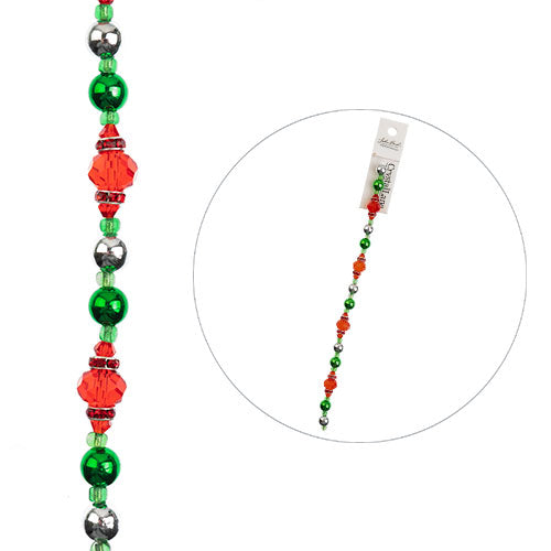 Crystal Lane DIY Designer Holiday 7in Bead Strand Mixed Material Red Green and Silver