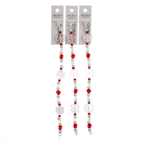 Crystal Lane DIY Designer Holiday 7in Bead Strand Crystal Glass White Snowflake with White and Red