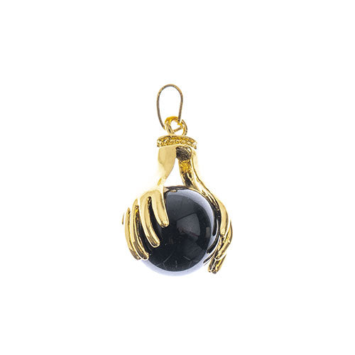 Semi-Precious Pendant Round W/ Hand Clasp Approx 19x29mm Black Agate