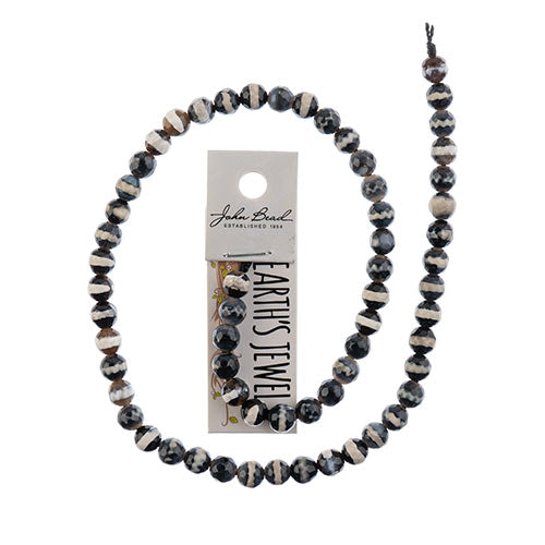 Earths Jewels 16in Tibetan Dzi Agate Round Beads - Facetted Striped Banded Black White