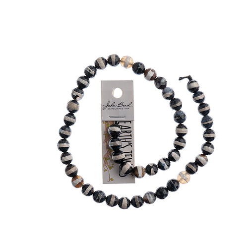 Earths Jewels 16in Tibetan Dzi Agate Round Beads - Facetted Striped Banded Black White
