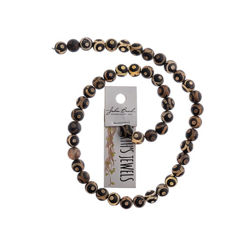 Earths Jewels 16in Tibetan Dzi Agate Round Beads - Frosted Matte Evil Eye Black