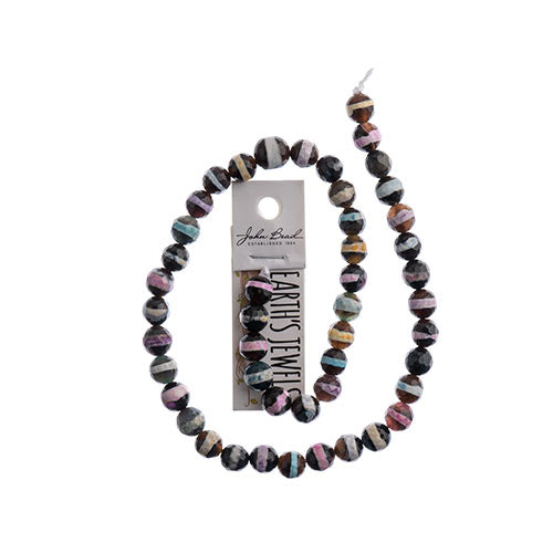 Earths Jewels 16in Tibetan Dzi Agate Round Beads - Facetted Striped Banded Multicolor