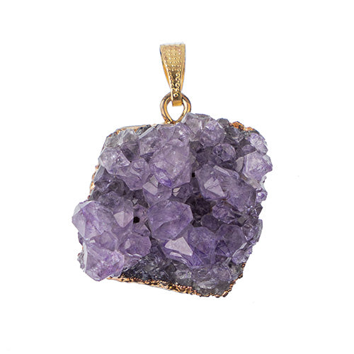 Semi-Precious 20x25mm Amethyst Cluster Pendant With Bail Electro Plated Gold Color