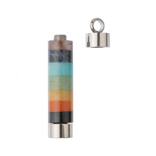 Semi-Precious 10x40mm Aroma Gems Chakra Stone Pendant Stainless Steel Accents