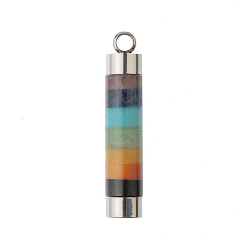 Semi-Precious 10x40mm Aroma Gems Chakra Stone Pendant Stainless Steel Accents