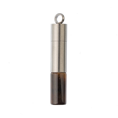 Semi-Precious Aroma Gems Stainless Steel Top Cylinder Pendant Brown Tiger Eye