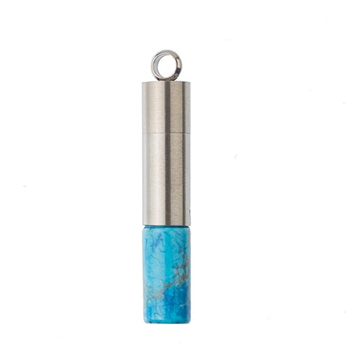 Semi-Precious Aroma Gems Stainless Steel Top Cylinder Pendant Turquoise Howlite Dyed