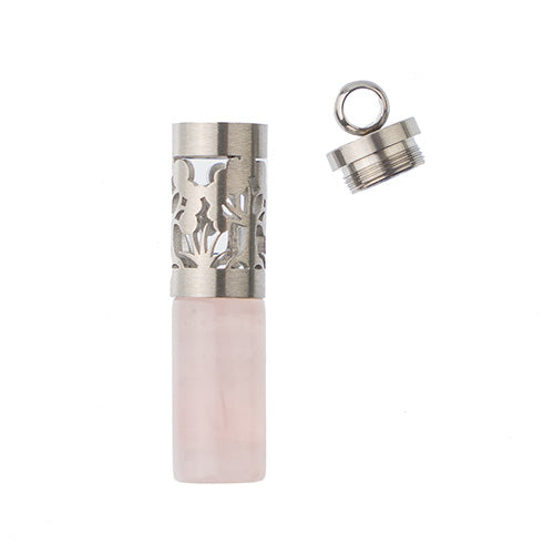 Semi-Precious Aroma Gems Stainless Steel Top Cylinder Pendant Rose Quartz