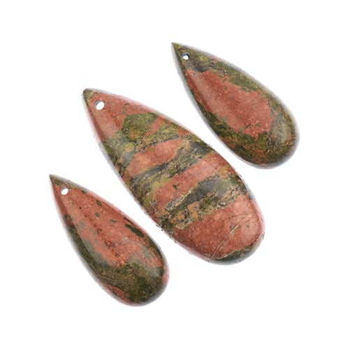 Earth's Jewels Semi-Precious 3 Teardrop Pendant Slices Natural Unakite