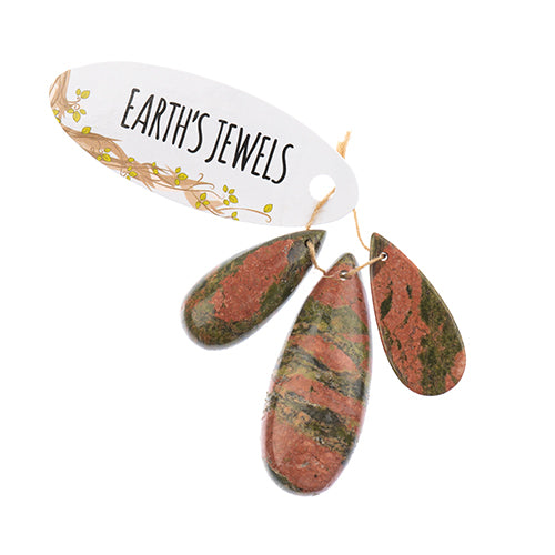 Earth's Jewels Semi-Precious 3 Teardrop Pendant Slices Natural Unakite