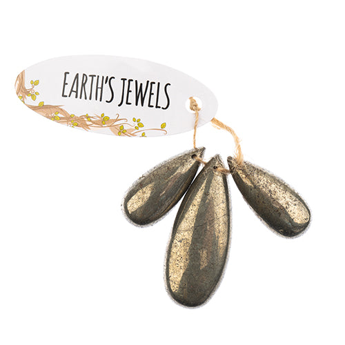 Earth's Jewels Semi-Precious 3 Teardrop Pendant Slices Natural Pyrite