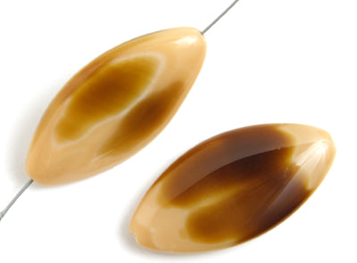 Glass Bead Navette 38x18mm Opaque Beige Brown Two-tone