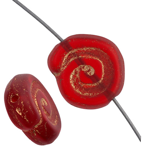 Glass Bead Swirl Transparent Dark Red Matte/Gold Painted Strung 12x11mm