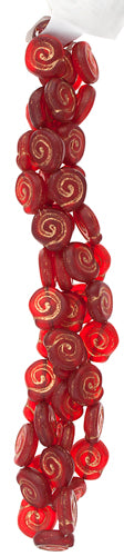 Glass Bead Swirl Transparent Dark Red Matte/Gold Painted Strung 12x11mm