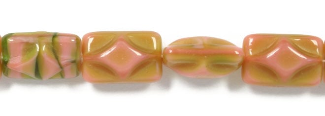 Glass Bead Rectangle 12x8mm Rose/Olive Stripe Strung