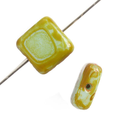 Glass Bead Squares 8mm Strung Opaque Green Marble