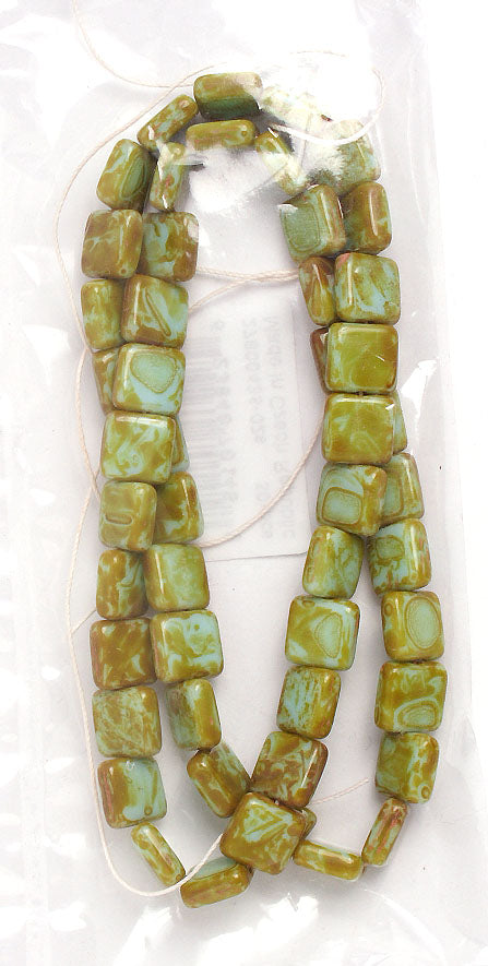 Glass Bead Squares 8mm Strung Opaque Green Marble