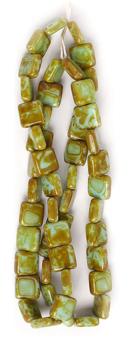 Glass Bead Squares 8mm Strung Opaque Green Marble