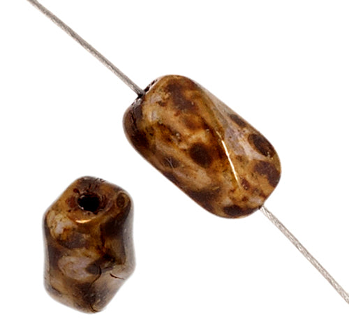 Glass Bead 9x6mm Twisted Rectangular Brown Marble Strung