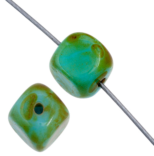 Glass Bead 7x8mm Cube Blue/Green Marble Strung