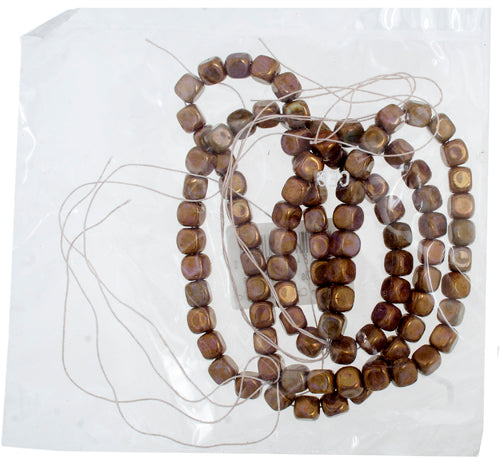 Glass Bead 7x8mm Cube Brown Marble Strung