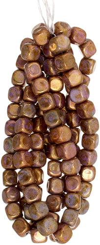 Glass Bead 7x8mm Cube Brown Marble Strung