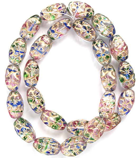 Glass Floral Oval Bead 15x12mm with Gold Details