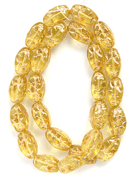 Glass Floral Oval Bead 15x12mm with Gold Details