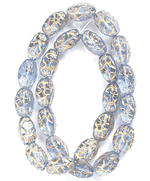 Glass Floral Oval Bead 15x12mm with Gold Details
