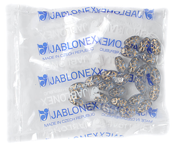 Glass Floral Oval Bead 15x12mm with Gold Details