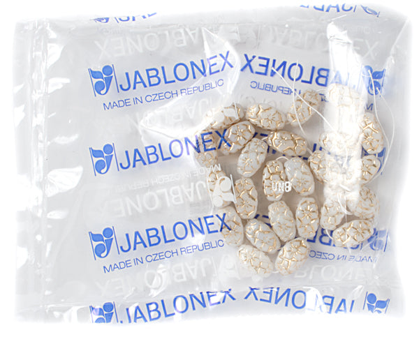 Glass Floral Oval Bead 15x12mm with Gold Details