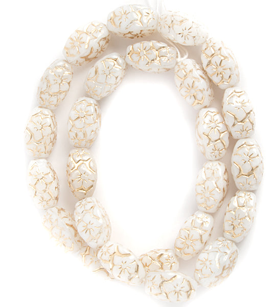 Glass Floral Oval Bead 15x12mm with Gold Details