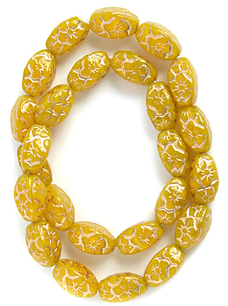 Glass Floral Oval Bead 15x12mm with Gold Details